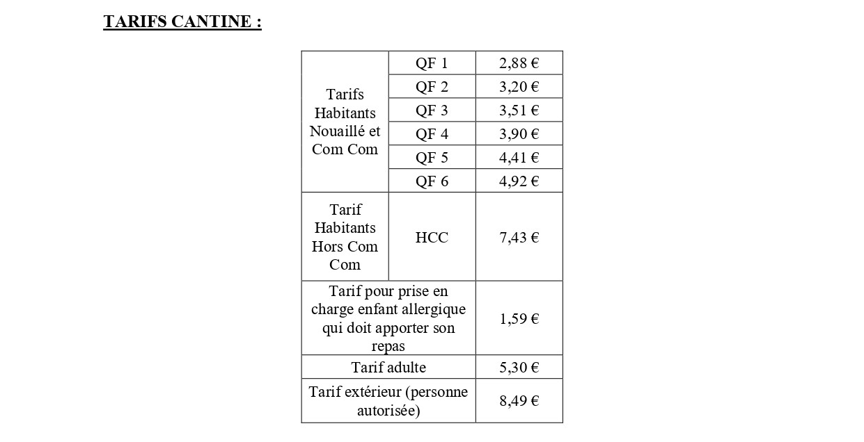 Tarifs 2025 2026 cantine